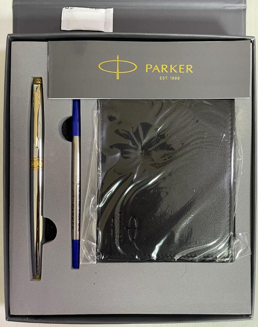 Parker Aster Shiny Chrome Gt RollerBall Pen with Black Leather Wallet