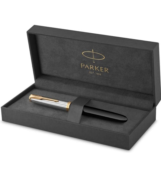 Parker 51 Premium Collection Black Gold Trim Fountain Pen (Medium nib) | Free Blue Ink Cartridge |