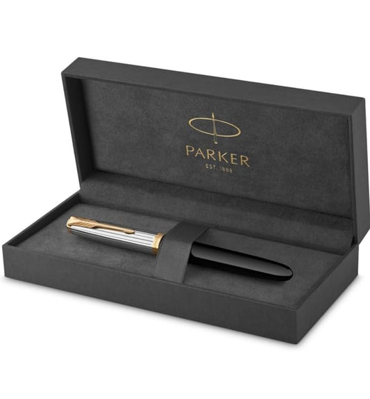 Parker 51 Black Gold Trim Fountain Pen (Medium nib) | Free Blue Ink Cartridge |