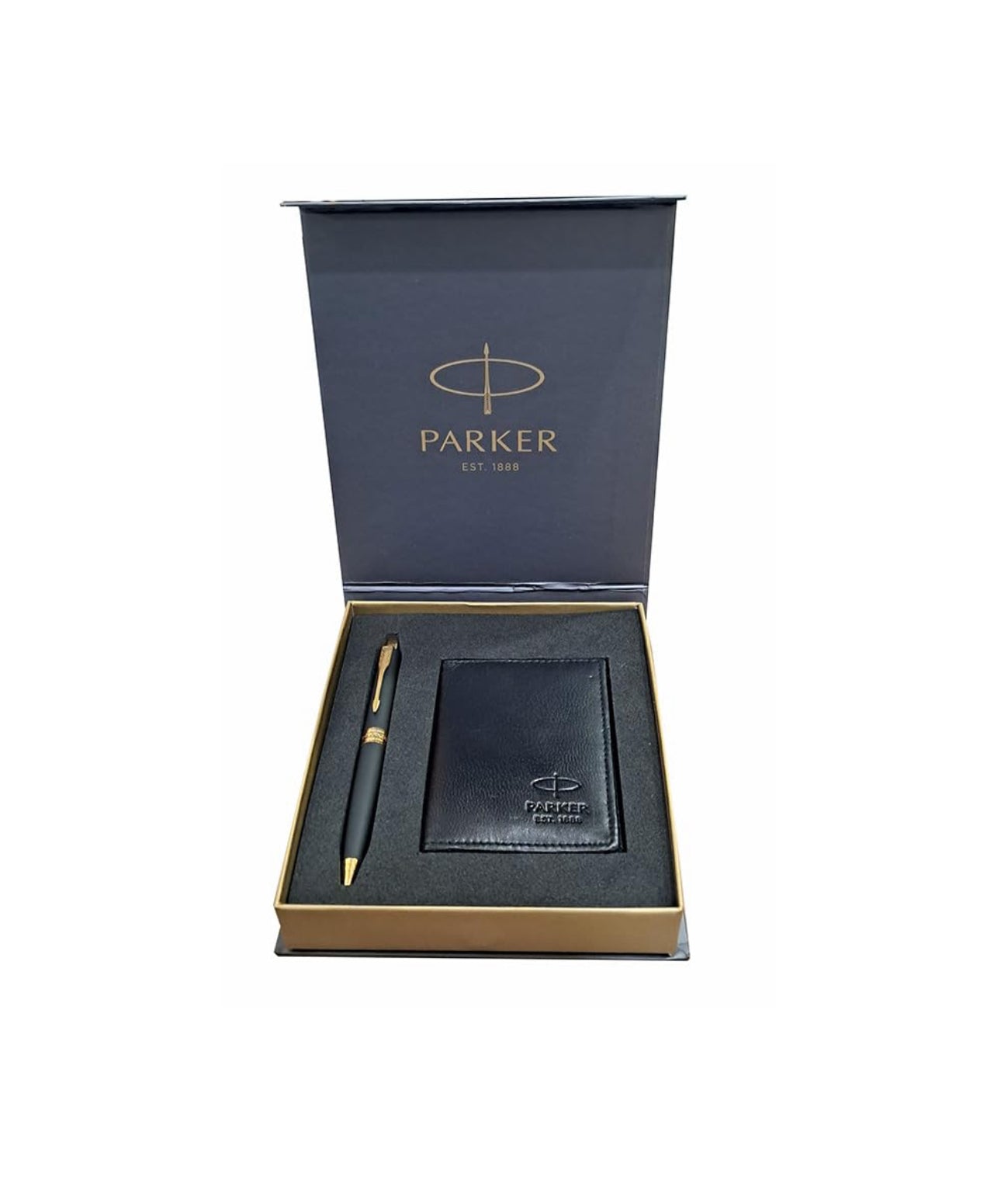 Parker Aster Shiny Chrome Gt RollerBall Pen with Black Leather Wallet