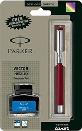 Parker Vector Mettalix Fountain Pen (Red) with Quink Ink Bottle