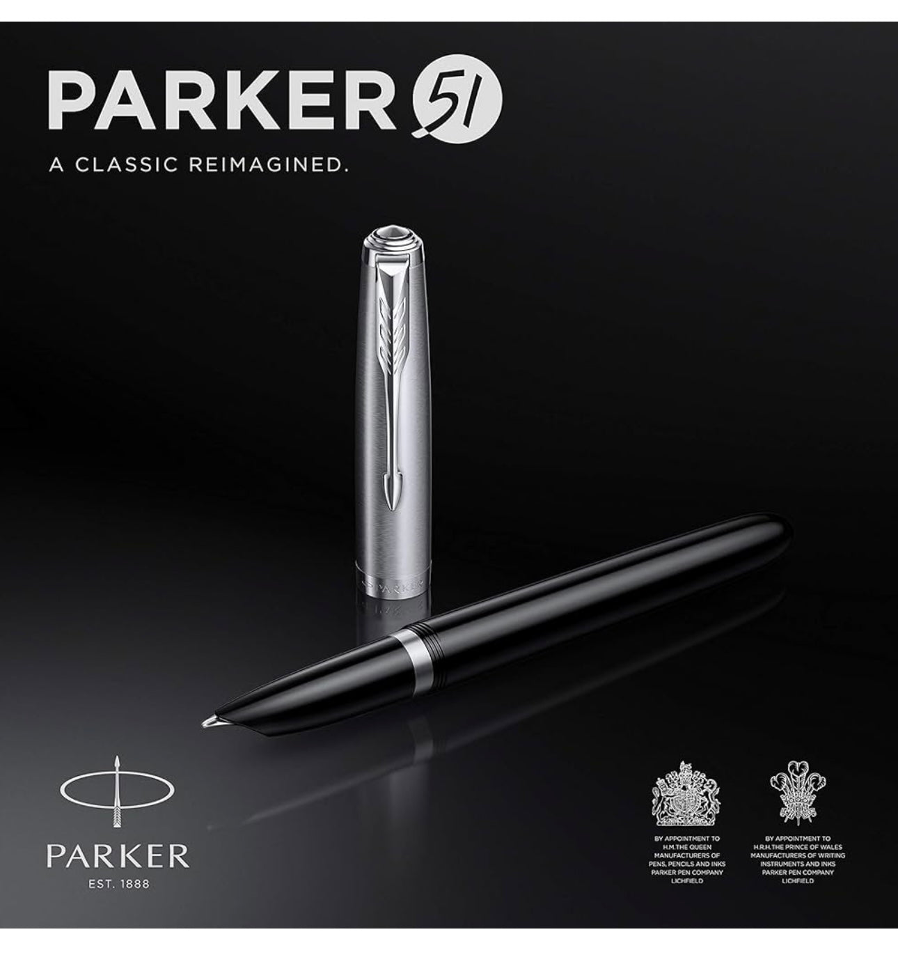 Parker 51 Fountain Pen | Black Barrel with Chrome Trim | Nib with Blue Ink Cartridge | Gift Box