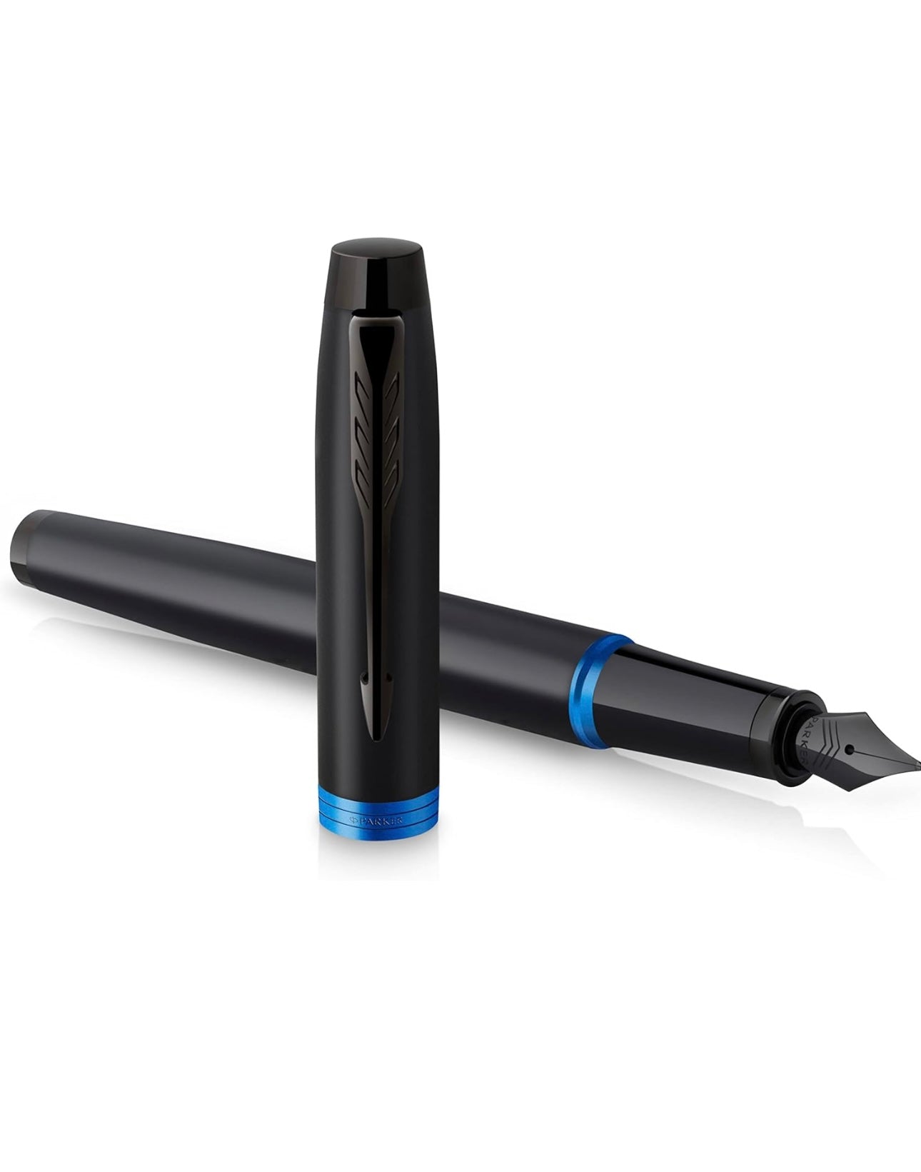 Parker IM Vibrant Rings Fountain Pen | Satin Black Lacquer with Marine Blue Accents | Medium Point with Blue Ink Refill | Gift Box