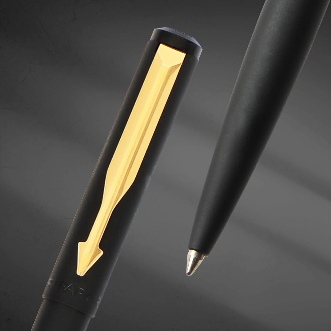 Parker Vector Matte Black Gold Trim Ball Pen | Ink Color - Blue