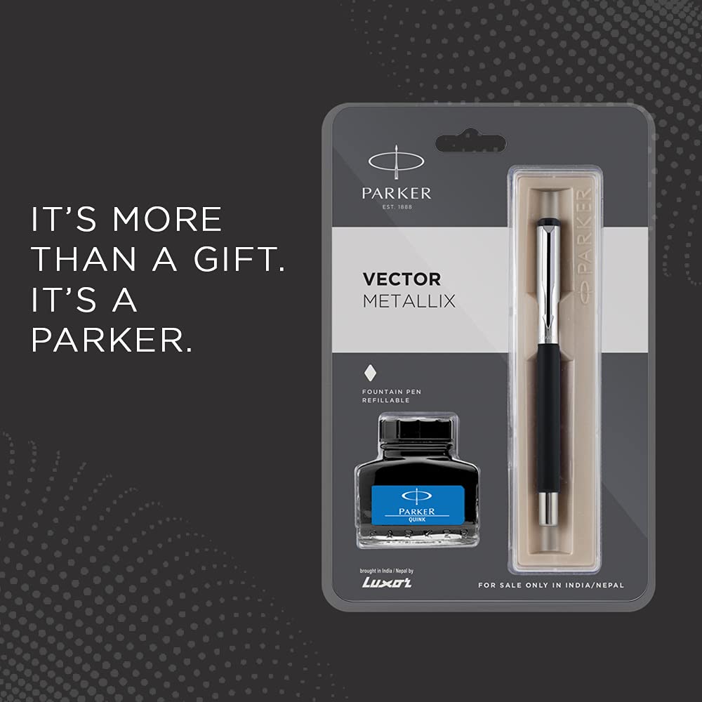 Parker Vector Mettalix Silver Trim Fountain Pen With Free Quink Blue Ink Bottle (Ink - Blue)