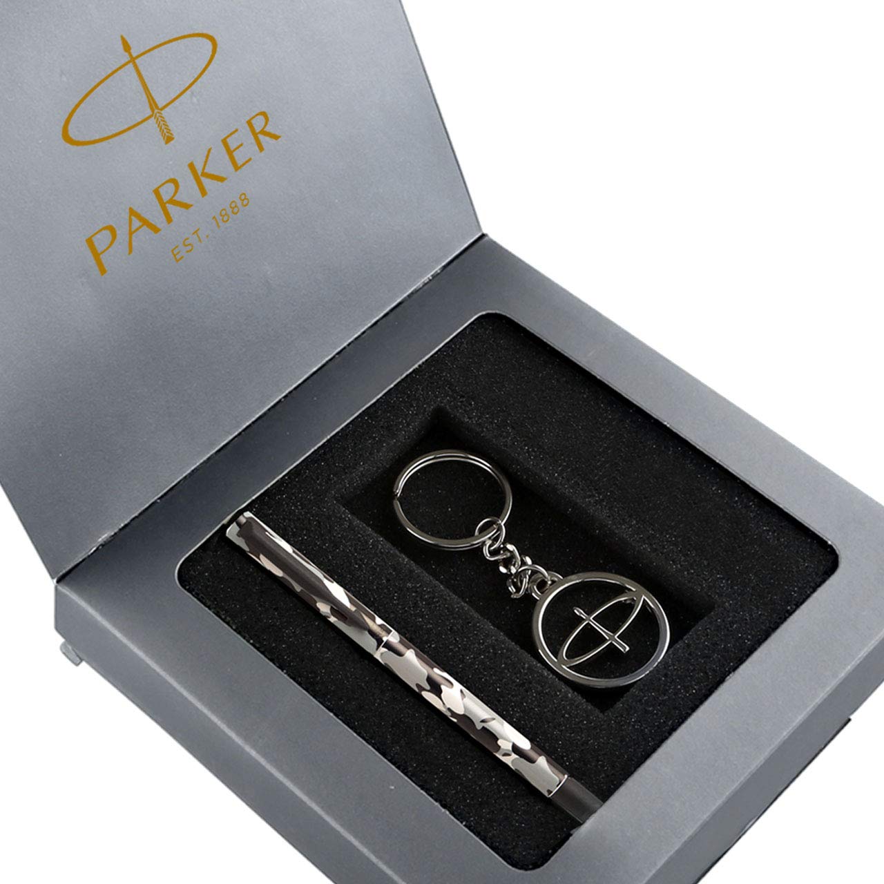 Parker Vector Camouflage Gift Set - Roller Ball Pen & Parker Logo Keychain (Black Body, Blue Ink), 2 Piece Set