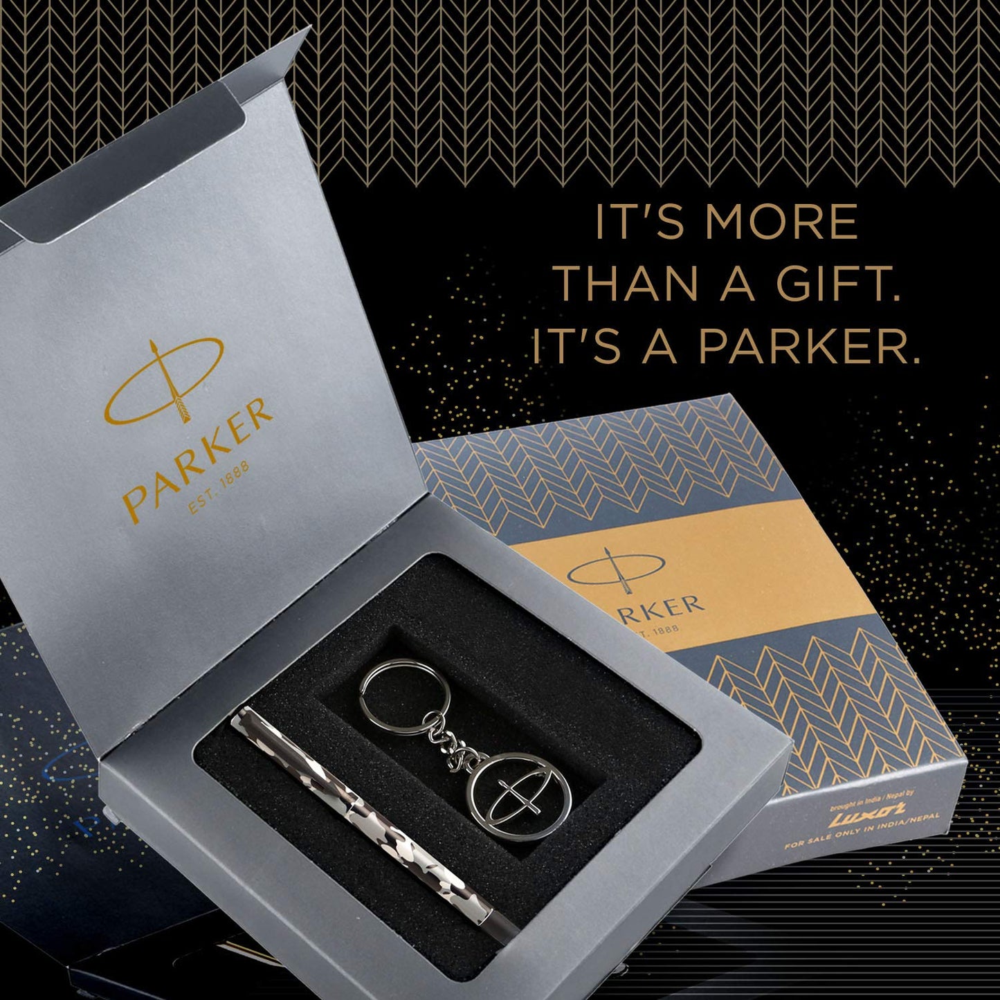 Parker Vector Camouflage Gift Set - Roller Ball Pen & Parker Logo Keychain (Black Body, Blue Ink), 2 Piece Set