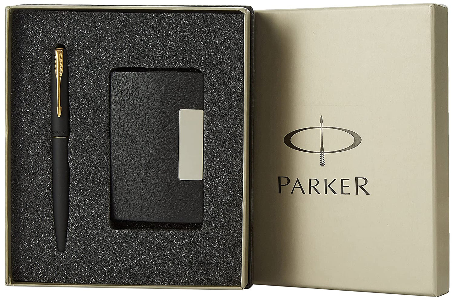 Parker Frontier Chrome Trim Fountain Pen with Free Card Holder, Gold Nib (Matte Black)