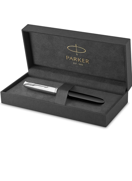 Parker 51 Fountain Pen | Black Barrel with Chrome Trim | Nib with Blue Ink Cartridge | Gift Box