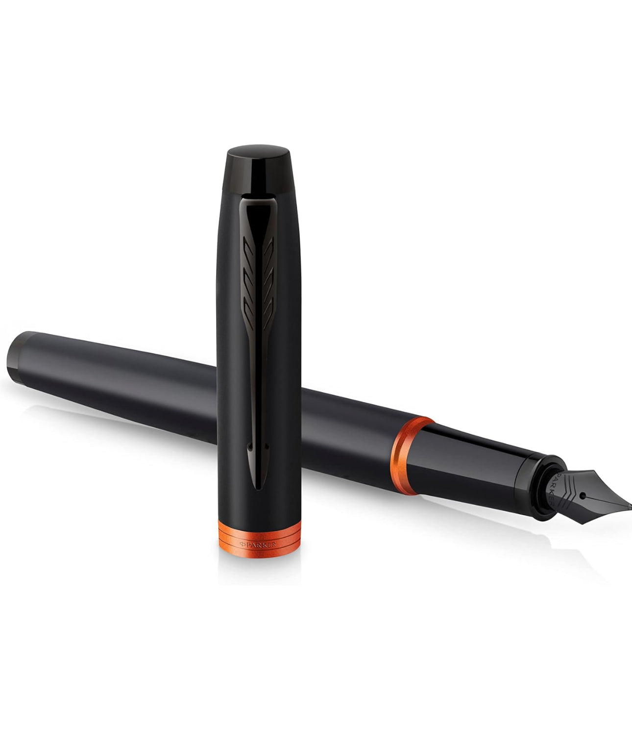 Parker IM Vibrant Rings Fountain Pen, Satin Black Lacquer with Flame Orange Accents, Medium Point with Blue Ink Refill, Gift Box