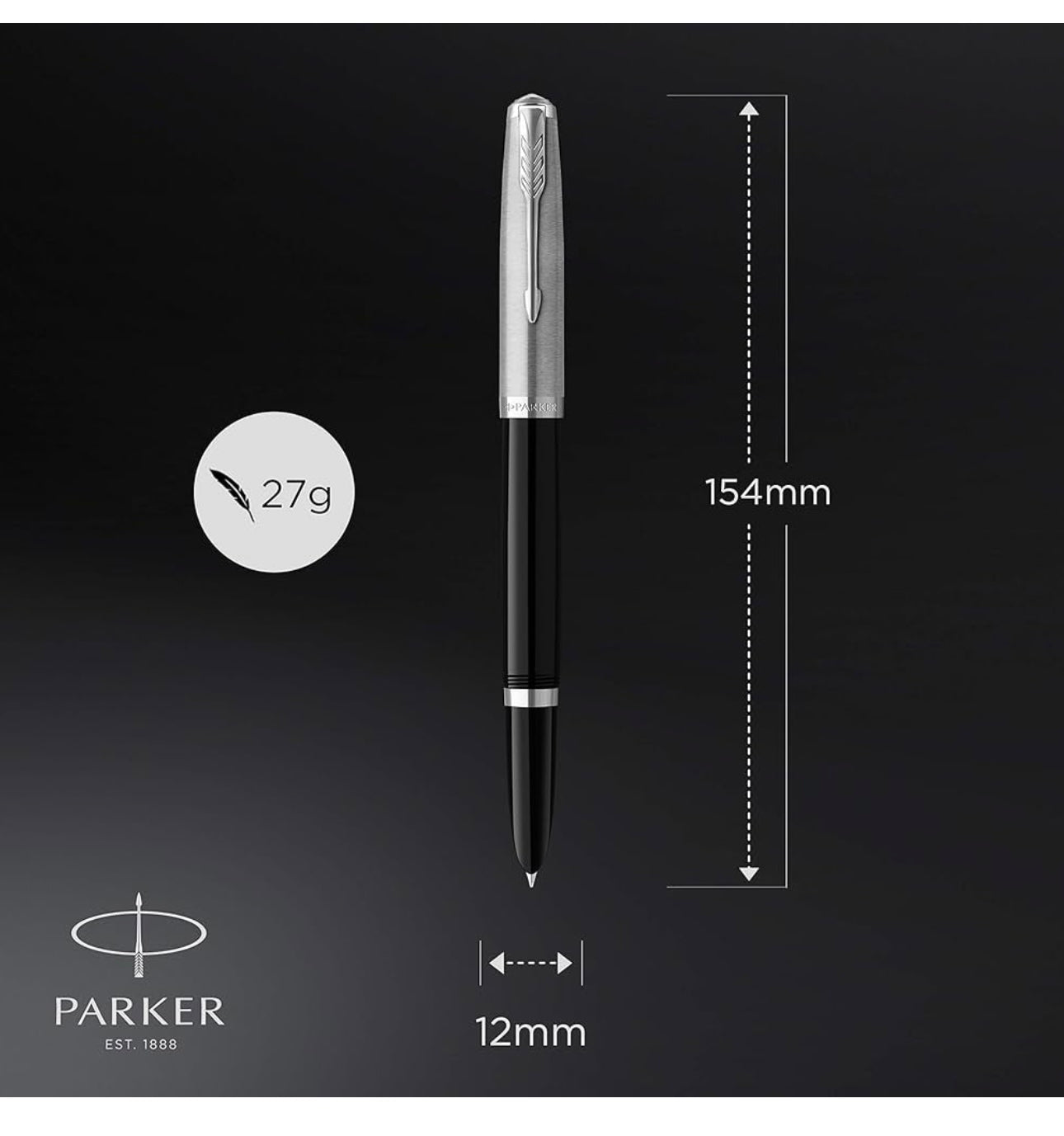 Parker 51 Fountain Pen | Black Barrel with Chrome Trim | Nib with Blue Ink Cartridge | Gift Box