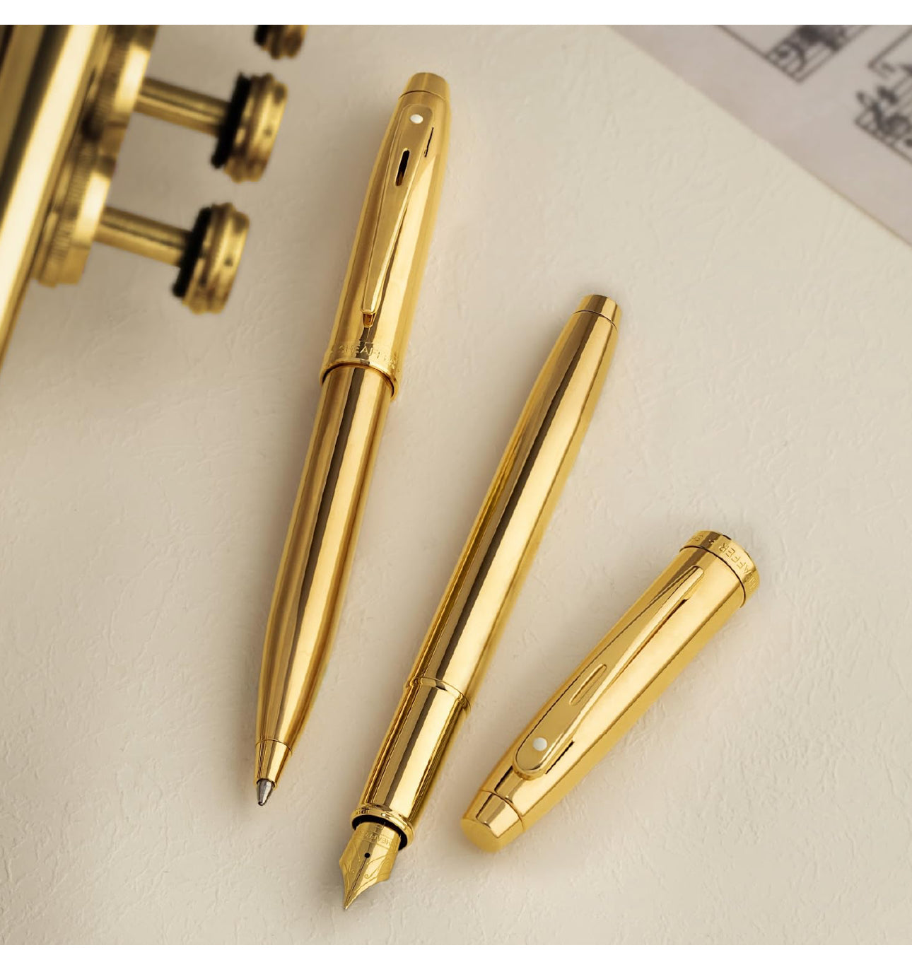 Sheaffer 100 9372 Glossy PVD Gold Plated Fountain Pen With PVD Gold Plated Trims - Medium