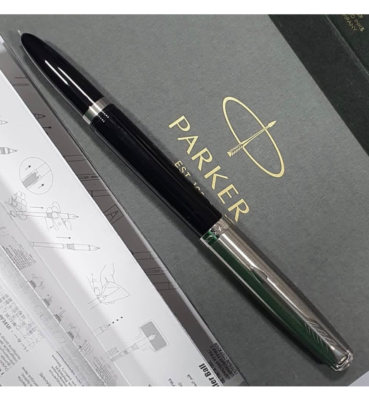 Parker 51 Fountain Pen | Black Barrel with Chrome Trim | Nib with Blue Ink Cartridge | Gift Box